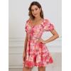 imageFloerns Womens Boho Square Neck Puff Short Sleeve Self Tie Front A Line DressOrange Floral