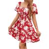 imageFloerns Womens Boho Square Neck Puff Short Sleeve Self Tie Front A Line DressWine Red