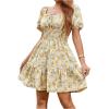 imageFloerns Womens Boho Square Neck Puff Short Sleeve Self Tie Front A Line DressYellow