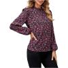 imageFloerns Womens Floral Print Ruffle Trim Long Sleeve Mock Neck Blouse TopBlack Purple Floral