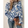 imageFloerns Womens Floral Print Ruffle Trim Long Sleeve Mock Neck Blouse TopBlue and White