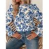 imageFloerns Womens Floral Print Ruffle Trim Long Sleeve Mock Neck Blouse TopBlue and White