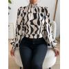imageFloerns Womens Floral Print Ruffle Trim Long Sleeve Mock Neck Blouse TopIvory Black White