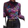 imageFloerns Womens Floral Print Ruffle Trim Long Sleeve Mock Neck Blouse TopPurple Floral