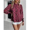 imageFloerns Womens Floral Print Ruffle Trim Long Sleeve Mock Neck Blouse TopRed and Pink