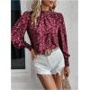 imageFloerns Womens Floral Print Ruffle Trim Long Sleeve Mock Neck Blouse TopRed and Pink
