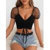 imageFloerns Womens Summer Square Neck Schiffy Drawstring Front Crop Top BlouseBlack Dull