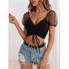 imageFloerns Womens Summer Square Neck Schiffy Drawstring Front Crop Top BlouseBlack Dull