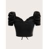 imageFloerns Womens Summer Square Neck Schiffy Drawstring Front Crop Top BlouseBlack Solid