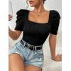 imageFloerns Womens Summer Square Neck Schiffy Drawstring Front Crop Top BlouseDull Black