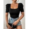 imageFloerns Womens Summer Square Neck Schiffy Drawstring Front Crop Top BlouseDull Black