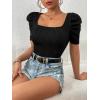imageFloerns Womens Summer Square Neck Schiffy Drawstring Front Crop Top BlouseDull Black