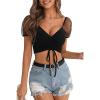 imageFloerns Womens Summer Square Neck Schiffy Drawstring Front Crop Top BlouseBlack Dull