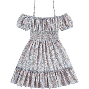 imageFloerns Girls Boho Floral Cold Shoulder Short Sleeve Ruffle Hem A Line DressBlue