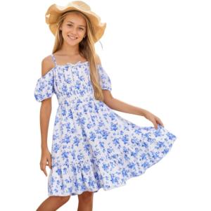 imageFloerns Girls Boho Floral Cold Shoulder Short Sleeve Ruffle Hem A Line DressBlue and White