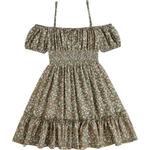 imageFloerns Girls Boho Floral Cold Shoulder Short Sleeve Ruffle Hem A Line DressGreen