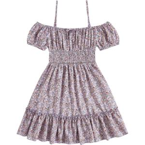 imageFloerns Girls Boho Floral Cold Shoulder Short Sleeve Ruffle Hem A Line DressMauve Purple