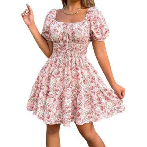 imageFloerns Womens Boho Square Neck Puff Short Sleeve Self Tie Front A Line DressA Pink