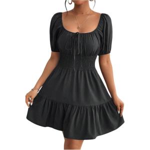 imageFloerns Womens Boho Square Neck Puff Short Sleeve Self Tie Front A Line DressBlack