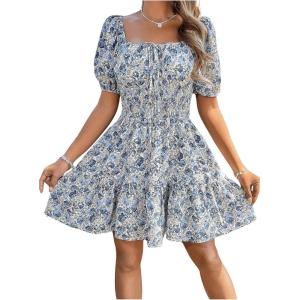 imageFloerns Womens Boho Square Neck Puff Short Sleeve Self Tie Front A Line DressBlue Floral
