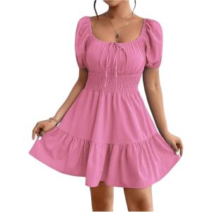 imageFloerns Womens Boho Square Neck Puff Short Sleeve Self Tie Front A Line DressLight Pink