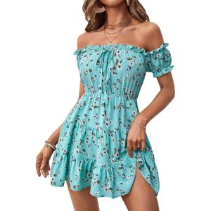 imageFloerns Womens Boho Square Neck Puff Short Sleeve Self Tie Front A Line DressMint Blue