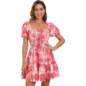 imageFloerns Womens Boho Square Neck Puff Short Sleeve Self Tie Front A Line DressOrange Floral