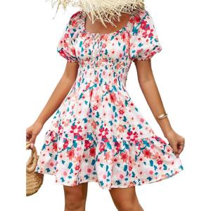 imageFloerns Womens Boho Square Neck Puff Short Sleeve Self Tie Front A Line DressRoyal Pink
