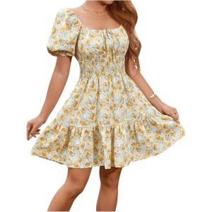 imageFloerns Womens Boho Square Neck Puff Short Sleeve Self Tie Front A Line DressYellow