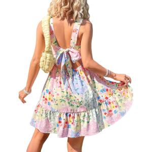 imageFloerns Womens Floral Print Knot Back Sleeveless Sundress Ruffle Hem A Line DressBlue Pink Multi