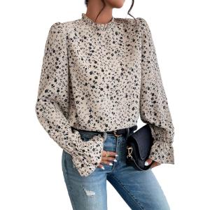 imageFloerns Womens Floral Print Ruffle Trim Long Sleeve Mock Neck Blouse TopApricot