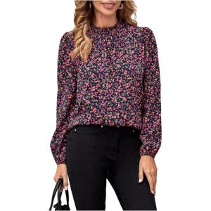 imageFloerns Womens Floral Print Ruffle Trim Long Sleeve Mock Neck Blouse TopBlack Purple Floral