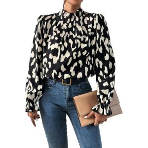 imageFloerns Womens Floral Print Ruffle Trim Long Sleeve Mock Neck Blouse TopBlack White Multi