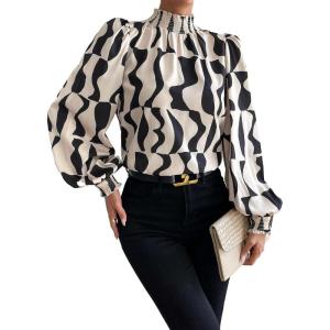 imageFloerns Womens Floral Print Ruffle Trim Long Sleeve Mock Neck Blouse TopIvory Black White