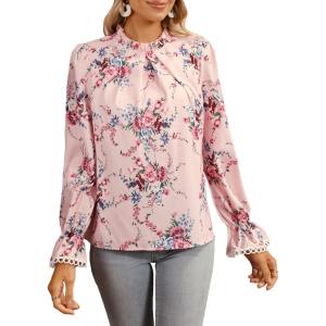 imageFloerns Womens Floral Print Ruffle Trim Long Sleeve Mock Neck Blouse TopLight Pink