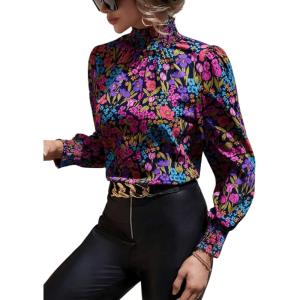 imageFloerns Womens Floral Print Ruffle Trim Long Sleeve Mock Neck Blouse TopPurple Floral