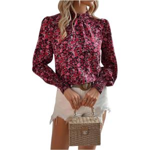 imageFloerns Womens Floral Print Ruffle Trim Long Sleeve Mock Neck Blouse TopRed and Pink