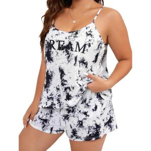 imageFloerns Womens Plus Size Cherry Print Cami Top and Shorts Pajama SetsBlack Tie Dye