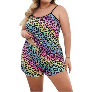 imageFloerns Womens Plus Size Cherry Print Cami Top and Shorts Pajama SetsMulticolor Leopard