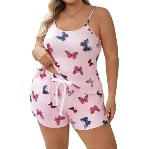 imageFloerns Womens Plus Size Cherry Print Cami Top and Shorts Pajama SetsPale Pink Butterfly