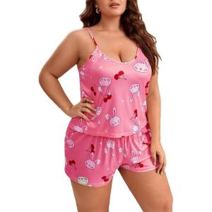 imageFloerns Womens Plus Size Cherry Print Cami Top and Shorts Pajama SetsPink Rabbit