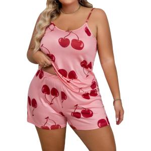 imageFloerns Womens Plus Size Cherry Print Cami Top and Shorts Pajama SetsPink Red Cherry
