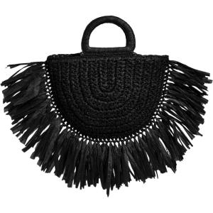 imageFloerns Womens Straw Bag Holiday Beach Vacation Fringe Trim HandbagBlack