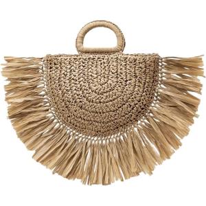 imageFloerns Womens Straw Bag Holiday Beach Vacation Fringe Trim HandbagCamel Khaki