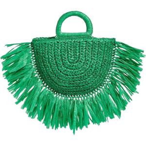 imageFloerns Womens Straw Bag Holiday Beach Vacation Fringe Trim HandbagGreen