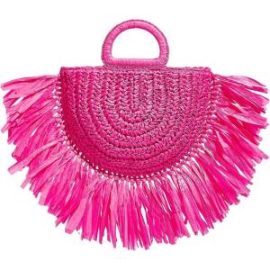 imageFloerns Womens Straw Bag Holiday Beach Vacation Fringe Trim HandbagHot Pink