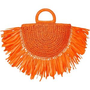 imageFloerns Womens Straw Bag Holiday Beach Vacation Fringe Trim HandbagOrange