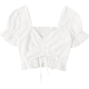 imageFloerns Womens Summer Square Neck Schiffy Drawstring Front Crop Top BlouseA White