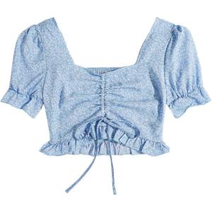 imageFloerns Womens Summer Square Neck Schiffy Drawstring Front Crop Top BlouseBaby Blue