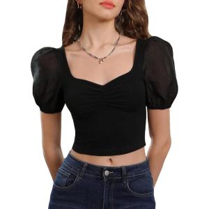 imageFloerns Womens Summer Square Neck Schiffy Drawstring Front Crop Top BlouseBlack Plain